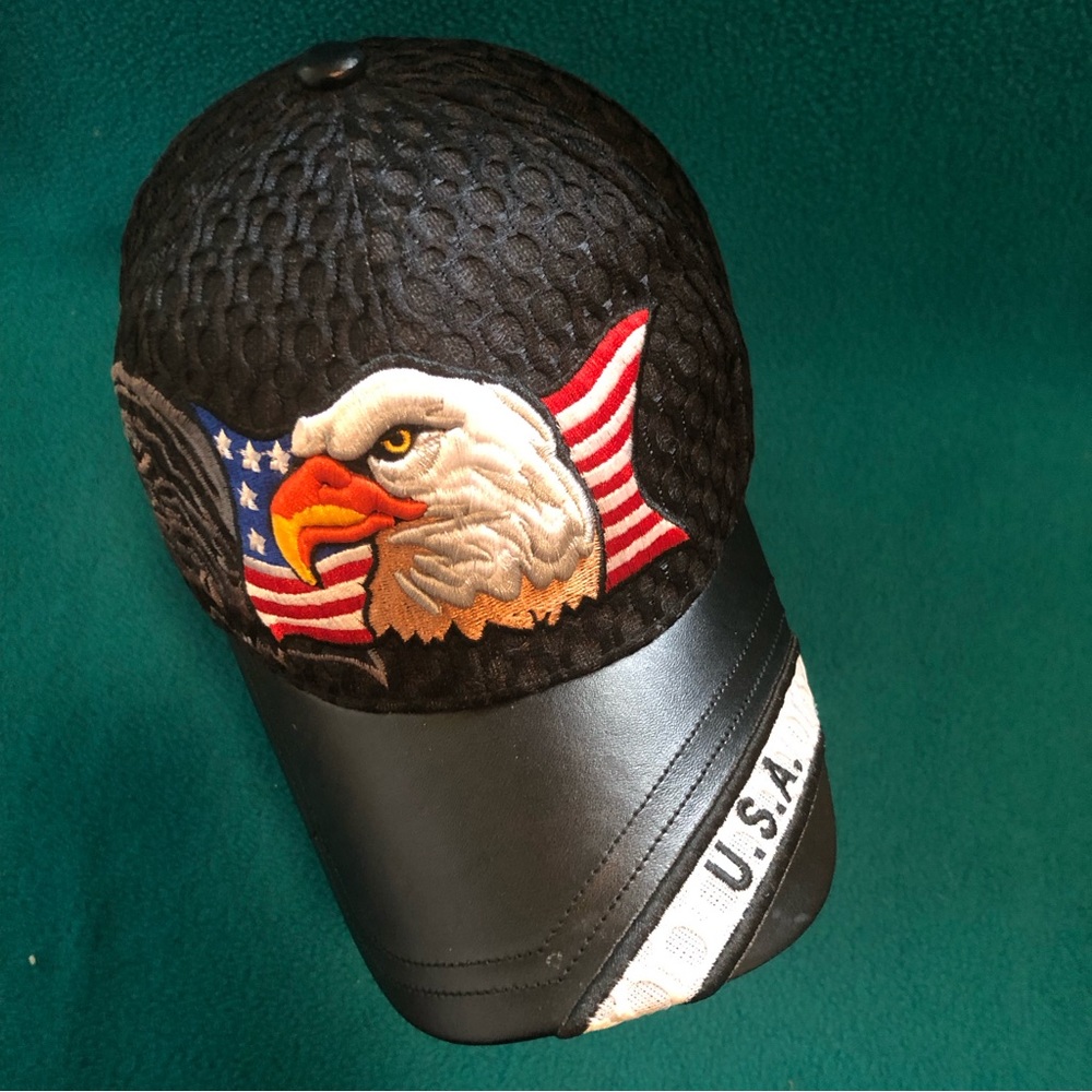 US Honor Textured Ball Cap w Leather-Look Brim American Eagle & US Flag